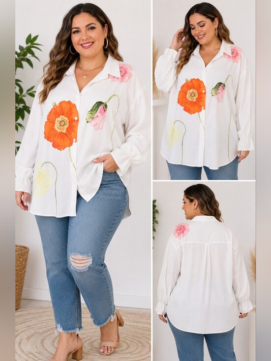 Tops - Boutique White Floral Button-Up Blouse | Oversized Collared Shirt | Poppy XXL